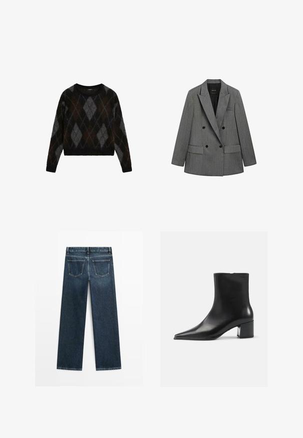 Grau gestreifter, doppelt knöpfbarer Blazer mit breiten Revers, schwarzen Knöpfen und Klappentaschen, flach auf einem weißen Hintergrund dargestellt.; Schwarzer und grauer Pullover mit Argyle-Muster, aus weichem Stoff, mit rundem Ausschnitt und cropped Schnitt, der eine flauschige Textur zeigt.; Dunkelblaue Jeans im geraden Schnitt, mit zwei Gesäßtaschen und sichtbaren Nähten entlang der Nähte und Säume.; Schwarze Lederschnürstiefelette mit spitzer Zehenform, glatter Textur und mittelhohem Blockabsatz. Minimalistisches Design, Reißverschluss hinten.