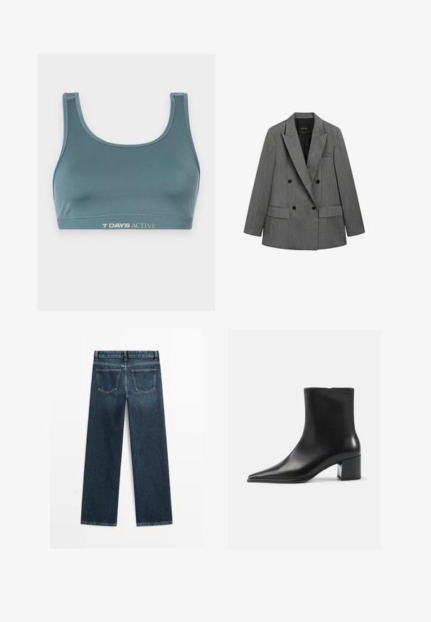 Blazer gris à rayures anglaises croisé avec de larges revers, boutons noirs et poches à rabat, présenté à plat sur un fond blanc.; Soutien-gorge de sport en bleu sarcelle, fabriqué en tissu doux et extensible. Il présente un col en forme de scoop et une bande élastique avec "7 DAYS ACTIVE" imprimé en couleur claire.; Jeans en denim bleu foncé, à coupe droite, avec deux poches arrière et des coutures visibles le long des coutures et des ourlets.; Bottine en cuir noir avec un bout pointu, texture lisse et un talon bloc moyen. Design minimaliste, fermeture éclair à l'arrière.