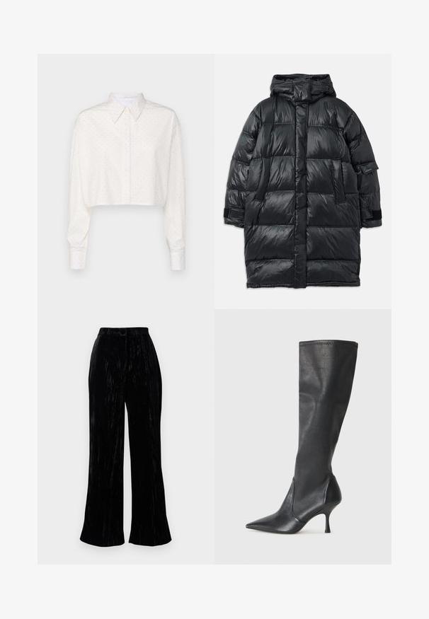 Černá péřová bunda s kapucí, se lesklým, prošívaným povrchem, předními kapsami a suchými zipy na manžetách.; Zkrácená bílá košile s dlouhými rukávy, zapínacím límcem a malým tečkovaným vzorem. Vyrobena z hladkého materiálu s volným střihem.; Černé sametové kalhoty s širokými nohavicemi a jemnou strukturou, s vysokým pasem a jemnými vertikálními pruhy. Navrženy pro volný střih.; Černé kožené vysoké boty do kolen s špičatou špičkou a štíhlým jehlovým podpatkem. Hladká textura s přiléhavým střihem a přešitím na horním okraji.