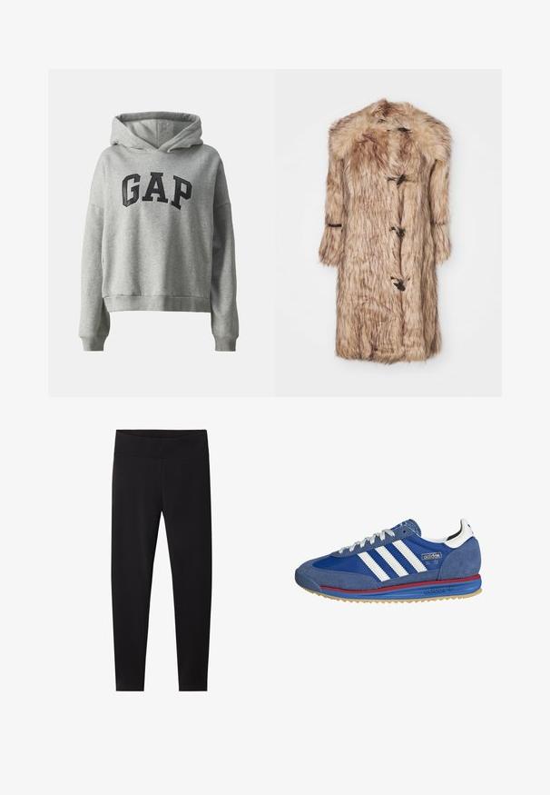 Cappotto lungo in pelliccia sintetica beige, con colletto foderato in pelliccia, maniche lunghe e chiusure a toggle. Tessuto morbido con un aspetto shaggy.; GAP Felpa - light heather grey; Intimissimi U-BOOT-AUSSCHNITT - Maglietta a manica lunga - black; Leggings neri con una vita alta e elastica. Realizzati in un materiale liscio e elasticizzato, progettati per una silhouette aderente e senza motivi visibili.; Sneaker blu scamosciato con strisce bianche, accenti rossi e blu, e suola in gomma. Presenta un tessuto testurizzato e un design atletico classico.