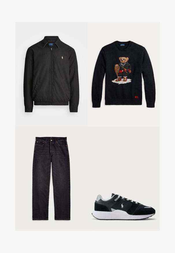 Casaco bomber preto feito de material liso, com fecho éclair à frente, punhos elásticos, bolsos laterais e um pequeno logótipo bordado no peito.; Suéter preto de malha com um urso a usar óculos escuros, um casaco preto, botas com detalhes vermelhos, segurando uma prancha de snowboard, com as iniciais "RL" em vermelho.; Jeans de ganga preta com um design de perna reta, apresentando costuras em contraste, fecho de botão e cinco bolsos. Tecido texturizado com um acabamento suave.; Sapatilha baixa em preto e branco com parte superior em malha e camurça, atacadores brancos, sola branca e um logo de jogador de polo na lateral.