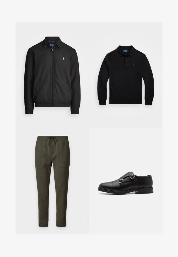 Crna bomber jakna od glatkog materijala s patentnim zatvaračem sprijeda, elastičnim rukavima, bočnim džepovima i malim izvezenim logotipom na prsima.; Polo Ralph Lauren WOOL POLO-COLLAR JUMPER - Vesta - black; Polo Ralph Lauren JOGGER ATHLETIC - Donji dijelovi trenirke - alpine; Crne kožne cipele s dvostrukim kopčanjem, okruglim nosom, suptilnim šavovima i ravnim, teksturiranim gumenim potplatom.