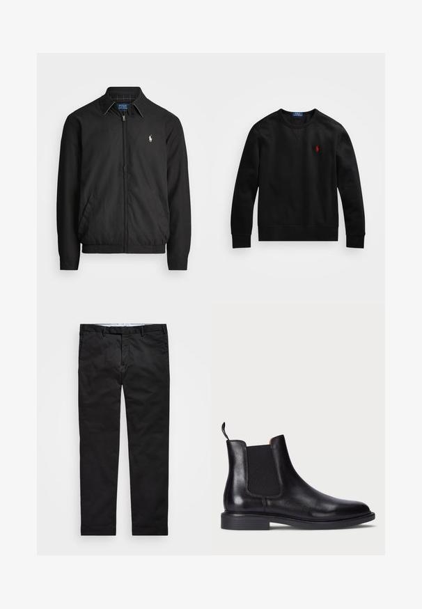Jachetă bomber neagră din material neted, cu fermoar frontal, manșete elastice, buzunare laterale și un mic logo brodat pe piept.; Sweatshirt negru cu mânecă lungă și guler rotund, cu logo-ul brodat Polo Ralph Lauren în roșu pe piept, așezat plat pe un fundal alb.; Chino negri cu croială dreaptă, confecționați dintr-un amestec de bumbac, având zip pentru cataramă, bucle pentru curea și buzunare laterale. Textură netedă.; Cizmă Chelsea din piele neagră, cu panouri elastice pe lateral, finisaj texturat, vârf rotund și toc coborât stratificat. Dispune de o bucată de prindere pentru a fi ușor de încălțat.