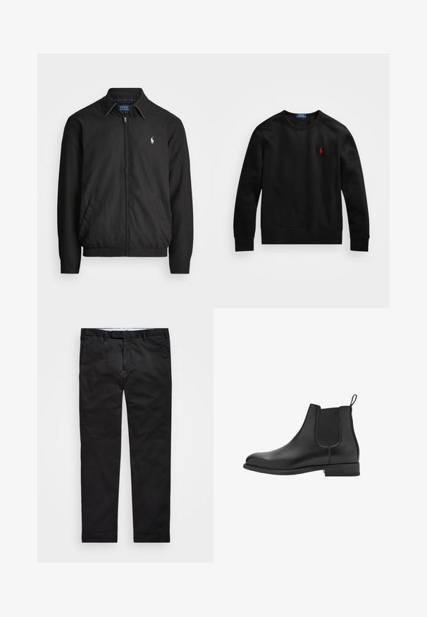 Jachetă bomber neagră din material neted, cu fermoar frontal, manșete elastice, buzunare laterale și un mic logo brodat pe piept.; Sweatshirt negru cu mânecă lungă și guler rotund, cu logo-ul brodat Polo Ralph Lauren în roșu pe piept, așezat plat pe un fundal alb.; Chino negri cu croială dreaptă, confecționați dintr-un amestec de bumbac, având zip pentru cataramă, bucle pentru curea și buzunare laterale. Textură netedă.; Bocanci Chelsea din piele neagră, cu panouri elastice laterale, vârf rotund și toc mic. Textură netedă și un design curat, minimalist.