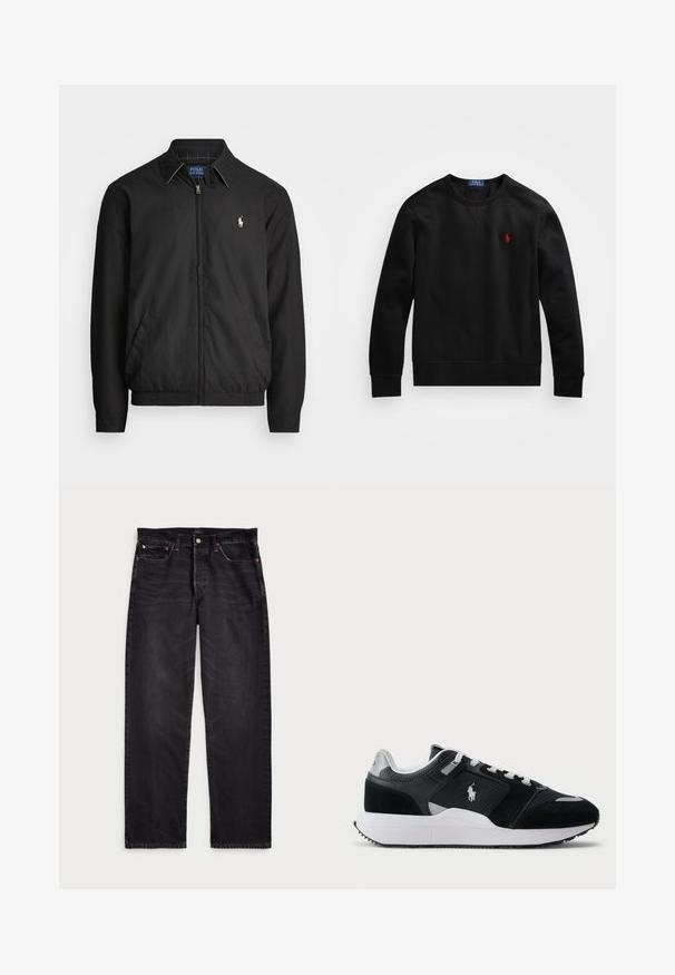 Must musta jakk, mis on valmistatud siledast materjalist. Selles on ettepoole tõmmatav tõmblukk, elastsed mansetid, küljetaskud ja rindkere peal väike tikandiga logo.; Must-haves kootud must pikkade varrukatega särk, millel on punane Polo Ralph Laureni logo rinnal, asetatud valgele taustale.; Mustad denim teksad sirge jala kujundusega, kontrastsete õmblustega, nupufliisiga ja viie taskuga. Tekstureeritud kangas sujuva viimistlusega.; Mustvalge madalate tenniste kingad, mille peal on koe ja seemisnahk, valged paelad, valge talla ning külgedel polo mängija logo.