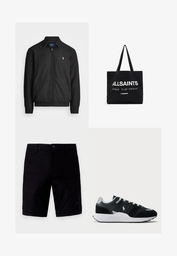 Giacca bomber nera realizzata in materiale liscio, con chiusura a zip frontale, polsini elasticizzati, tasche laterali e un piccolo logo ricamato sul petto.; Felpa nera a maniche lunghe con scollo rotondo, con il logo rosso di Polo Ralph Lauren ricamato sul petto, distesa su uno sfondo bianco.; Pantaloni shorts neri con una texture liscia, dotati di chiusura a bottone, tasche tradizionali e risvolti. Realizzati in tessuto leggero.; Sneaker basso in bianco e nero con tomaia in rete e suede, lacci bianchi, suola bianca e logo di un giocatore di polo di lato.; Borsa a tracolla nera in tela con grande testo bianco "ALLSAINTS" e testo più piccolo in giapponese con "LONDRA" in basso. Due manici lunghi.