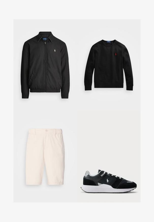 Chaqueta bomber negra hecha de material suave con cierre de cremallera en el frente, puños elásticos, bolsillos laterales y un pequeño logo bordado en el pecho.; Sudadera de manga larga negra con cuello redondo y el logo bordado en rojo de Polo Ralph Lauren en el pecho, extendida sobre un fondo blanco.; Pantalones cortos beiges de tela ligera con cierre de botón, cintura elástica, bolsillos laterales y corte hasta la rodilla.; Zapatilla baja en blanco y negro con parte superior de malla y ante, cordones blancos, suela blanca y un logo de jugador de polo en el costado.
