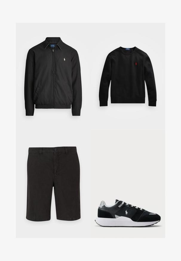 Svart bomberjakke laget av glatt materiale med glidelås foran, elastiske mansjetter, sidelommer og en liten brodert logo på brystet.; Svart langermet genser med rund hals og rød Polo Ralph Lauren-logo brodert på brystet, liggende flatt på en hvit bakgrunn.; Sorte linshorts med knappelukking foran, flat frontdesign og rett snitt. Lett stoff med en glatt finish.; Svart-hvitt low-top sneaker med mesh og semsket skinn på overdelen, hvite snørebånd, hvit såle, og en polo-spiller logo på siden.