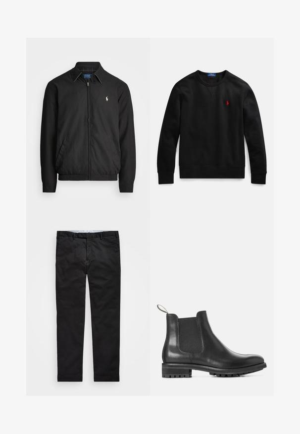 Chaqueta bomber negra hecha de material suave con cierre de cremallera en el frente, puños elásticos, bolsillos laterales y un pequeño logo bordado en el pecho.; Sudadera de cuello redondo negra hecha de algodón, con un pequeño logo rojo en el pecho izquierdo y puños y dobladillo acanalados.; Pantalones chinos negros con un corte recto, hechos de una mezcla de algodón, que cuentan con cremallera, lazos para cinturón y bolsillos laterales. Textura suave.; Botín Chelsea negro de cuero con panel lateral elástico, puntera redondeada y suela de goma con un dibujo texturizado para mayor agarre.