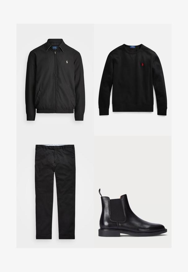 Svart bomberjakke laget av glatt materiale med glidelås foran, elastiske mansjetter, sidelommer og en liten brodert logo på brystet.; Svart crewneck-genser laget av bomullsmateriale, med en liten rød logo på venstre bryst, og ribbekantede ermer og nederkant.; Sorte chinos med rett ben, laget av bomullsblanding, med glidelås, beltehemper og sidelommer. Glatt tekstur.; Svart lær Chelsea-støvel med elastiske sidepaneler, strukturert overflate, rund tå og lav, stablet hæl. Har en løkke for enkelt påføring.