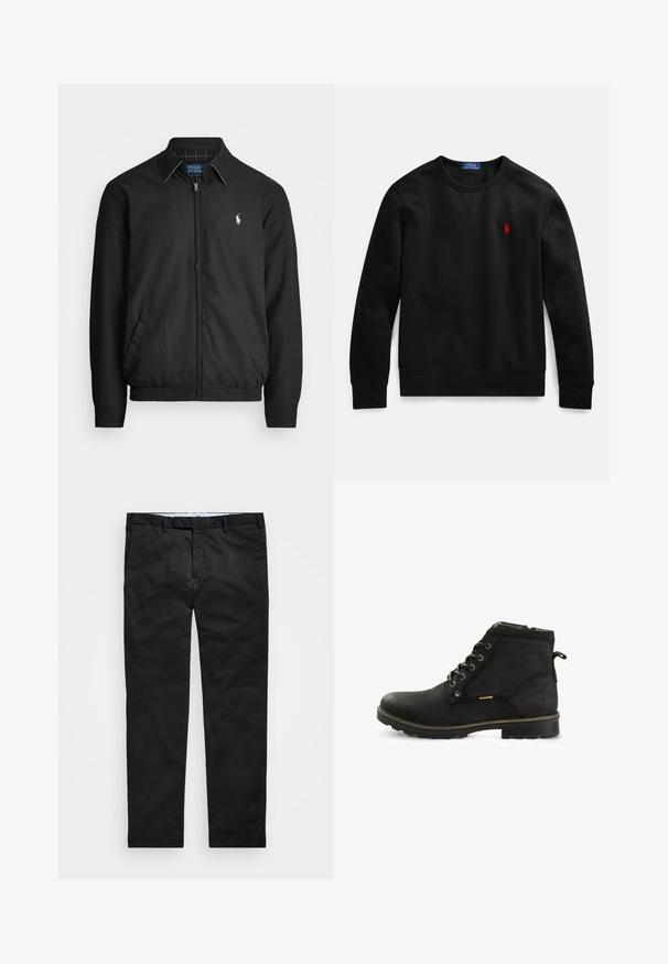 Sort bomberjakke lavet af glat materiale med lynlåslukning foran, elastiske manchetter, sidelommer og et lille broderet logo på brystet.; Sort crewneck-sweatshirt lavet af bomuldsmateriale, med en lille rød logo på venstre bryst og ribbet manchetter og kant.; Sorte chinos med lige ben, lavet af en bomuldsblandingsstof, med lynlås i gylpen, bæltestropper og sidelommer. Glat tekstur.; Sorte ankelstøvler med en glat lædertekstur, rund tå, seks metalhætte, gule detaljer og en robust gummisål.