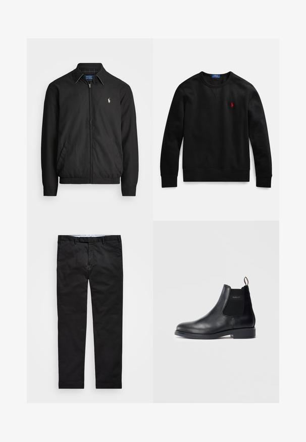 Fekete bomber dzseki sima anyagból, elülső cipzárral, rugalmas mandzsettákkal, oldalsó zsebekkel és egy kis hímzett logóval a mellen.; Fekete, pamut anyagból készült kereknyakú pulóver, bal oldali mellrészen kis piros logóval, bordázott mandzsettával és szegéllyel.; Fekete chinos, egyenes szárú fazonnal, pamut keverék anyagból készült, cipzáras zipzárral, övhurkokkal és oldalsó zsebekkel. Simaság jellemzi.; Fekete bőr Chelsea csizma elasztikus oldalsó panelekekkel, alacsony sarkú, hátsó húzófüllel és GANT logóval a külső oldalpaneleken.