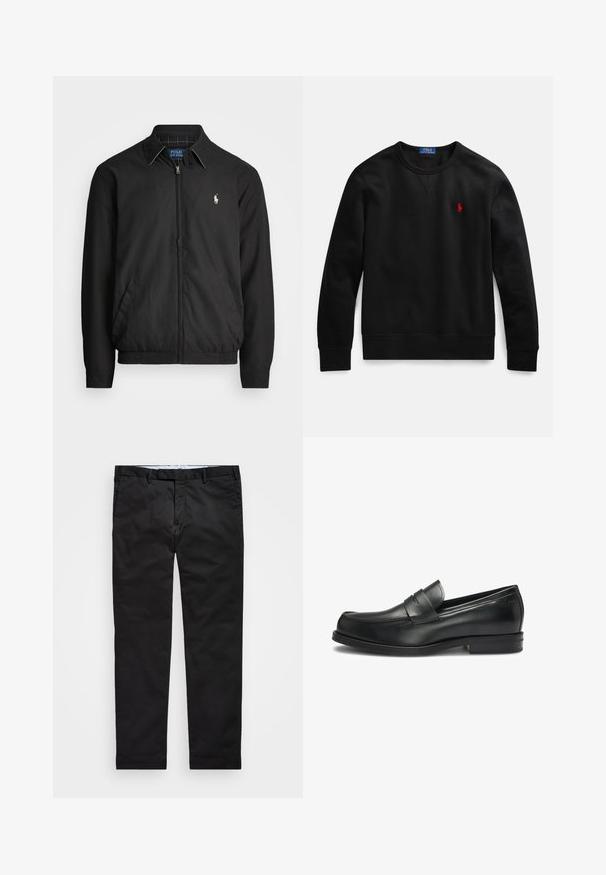Čierna bomber bunda vyrobená z hladkého materiálu s predným zipsom, elastickými manžetami, bočnými vreckami a malým vyšívaným logom na hrudi.; Čierna mikina s okrúhlym výstrihom vyrobená z bavlny, s malým červeným logom na ľavej strane hrudníka a rebrovanými manžetami a lemom.; Čierne chinos nohavice so strihom rovného nohavicu, vyrobené z bavlnenej zmesi, s bočným zipom, pútkami na opasok a bočnými vreckami. Hladká textúra.; Čierne kožené mokasíny s zaoblenou špičkou a šitými detailmi, s dekoračným pásom cez hornú časť a nízkym podpätkom.