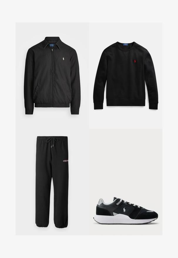 Juodas bombonešis, pagamintas iš lygios medžiagos, su užtrauktuku priekyje, elastingomis rankogaliais, šalutinėmis kišenėmis ir maža siuvinėta logotipu ant krūtinės.; Juodas medvilninis džemperis su apvalia iškirpte, kairėje krūtinės pusėje mažas raudonas logotipas, su ribuotomis rankogaliais ir apačia.; Juodos sportinės kelnės iš minkštos medžiagos, su elastingu juosmeniu, raišteliu ir elastingu apdaila, su balta ir raudona "GUESS JEANS" logotipu.; Juoda ir balta žema sneakeris su tinklo ir zomšos viršumi, baltais raišteliais, balta pado dalimi ir polo žaidėjo logotipu šone.