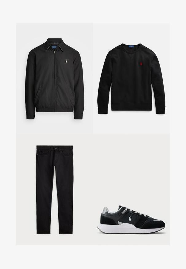Svart bomberjakke laget av glatt materiale med glidelås foran, elastiske mansjetter, sidelommer og en liten brodert logo på brystet.; Svart crewneck-genser laget av bomullsmateriale, med en liten rød logo på venstre bryst, og ribbekantede ermer og nederkant.; Svarte jeans laget av denim, med en klassisk fem-lomme-design, knappelukking og rett benkutt med en jevn, glatt tekstur.; Svart-hvitt low-top sneaker med mesh og semsket skinn på overdelen, hvite snørebånd, hvit såle, og en polo-spiller logo på siden.