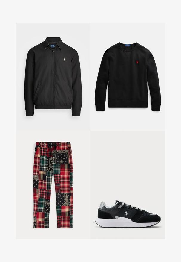 Črna bomberska jakna iz gladkega materiala z zadrgo spredaj, elastičnimi manšetami, stranskimi žepi in majhno vezeno oznako na prsih.; Črni pulover z okroglim izrezom iz bombažnega materiala, z majhnim rdečim logotipom na levi strani prsi ter z rebrastimi manšetami in robom.; Hlače iz mozaika s različnimi karo in cvetličnimi vzorci v rdeči, zeleni, črni in krem barvi; nastavljiv pas z zategovalnim trakom.; Črno-bela nizka superga z zgornjim delom iz mrežice in usnja, belimi vezalkami, belo podplatom in logotipom igralca polo na strani.