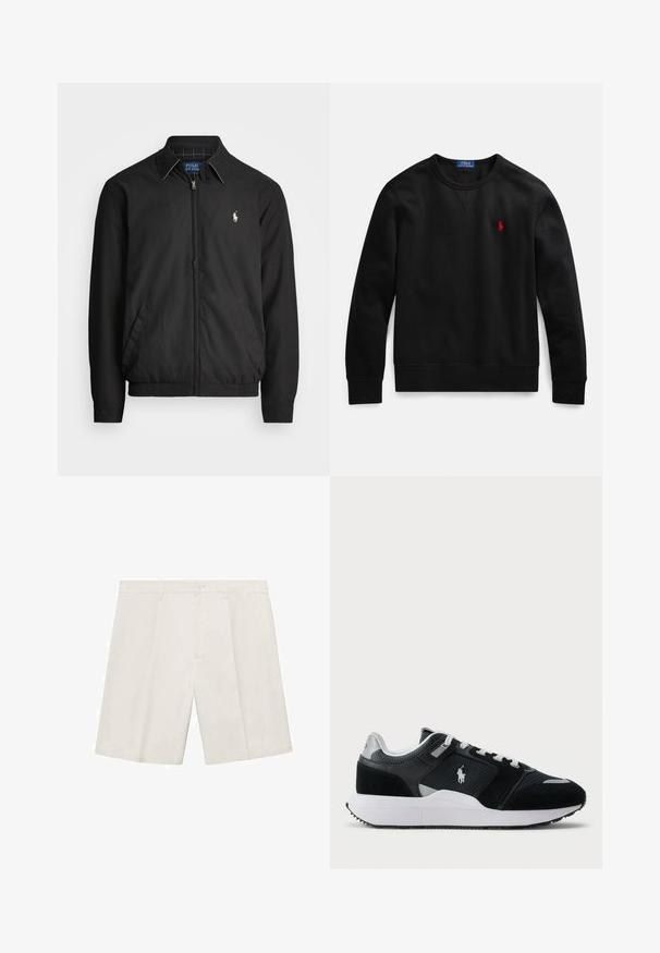 Chaqueta bomber negra hecha de material suave con cierre de cremallera en el frente, puños elásticos, bolsillos laterales y un pequeño logo bordado en el pecho.; Sudadera de cuello redondo negra hecha de algodón, con un pequeño logo rojo en el pecho izquierdo y puños y dobladillo acanalados.; Pantalones cortos ajustados beige, hechos de una tela ligera. Presenta un cierre de botón, dos bolsillos frontales y un diseño de pierna recta. Textura suave.; Zapatilla baja en blanco y negro con parte superior de malla y ante, cordones blancos, suela blanca y un logo de jugador de polo en el costado.