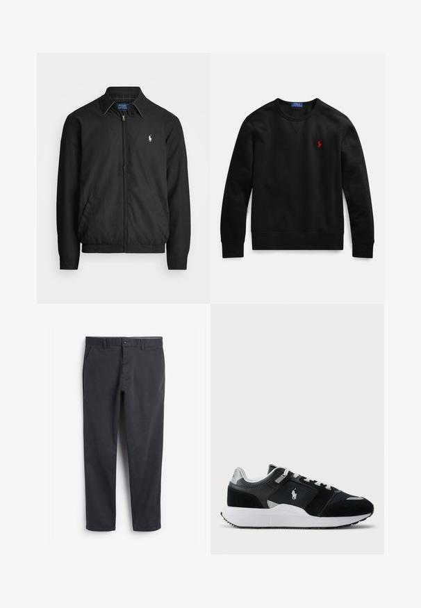 Black bomber jacket made of smooth material featuring a zip front, elastic cuffs, side pockets, and a small embroidered logo on the chest.; Black crewneck sweatshirt made from cotton material, featuring a small red logo on the left chest, and ribbed cuffs and hem.; Dark gray chinos with a flat front, side pockets, and a button closure. Smooth cotton fabric, tapered leg design, and minimalistic style.; Black and white low-top sneaker with mesh and suede upper, white laces, white sole, and a polo player logo on the side.