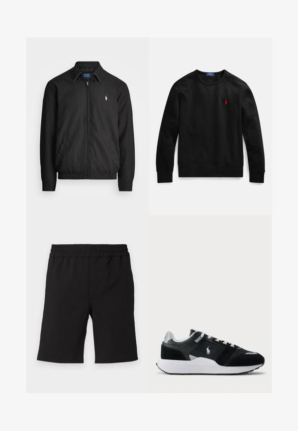 Chaqueta bomber negra hecha de material suave con cierre de cremallera en el frente, puños elásticos, bolsillos laterales y un pequeño logo bordado en el pecho.; Sudadera de cuello redondo negra hecha de algodón, con un pequeño logo rojo en el pecho izquierdo y puños y dobladillo acanalados.; Pantalones cortos negros de tela cómoda con cinturilla elástica. Diseño sencillo, corte recto, aptos para uso casual.; Zapatilla baja en blanco y negro con parte superior de malla y ante, cordones blancos, suela blanca y un logo de jugador de polo en el costado.