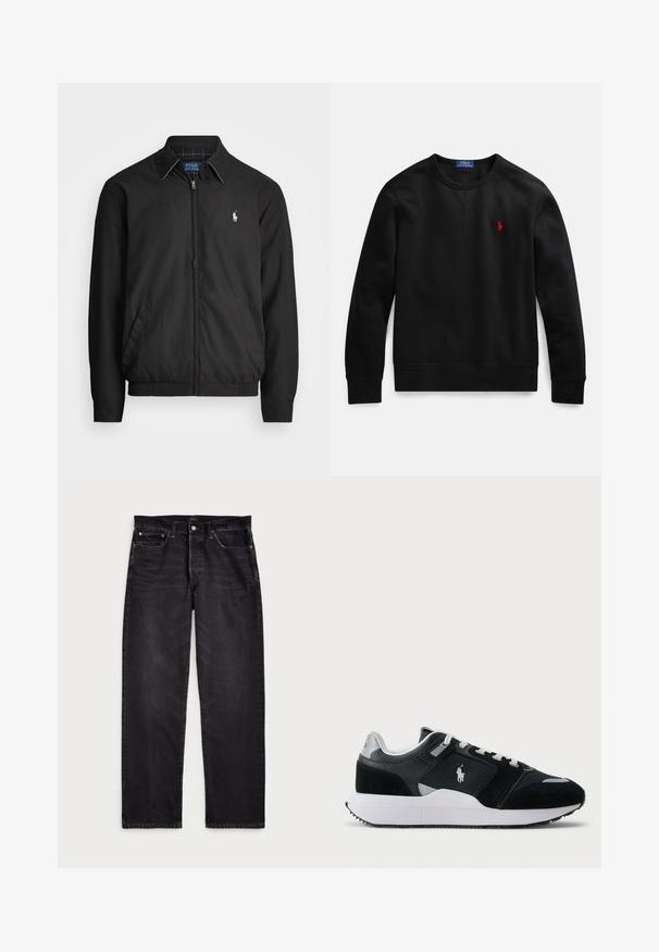 Crna bomber jakna od glatkog materijala s patentnim zatvaračem sprijeda, elastičnim rukavima, bočnim džepovima i malim izvezenim logotipom na prsima.; Crna majica s okruglim izrezom od pamuka, s malim crvenim logotipom na lijevoj strani prsa te rebrastim rubovima na rukavima i donjem dijelu.; Crne traperice od teksasa ravnog kroja, s kontrastnim šavovima, dugmetom za zakopčavanje i pet džepova. Tekstura tkanine je s glatkom površinom.; Crno-bijeli niske tenisice s gornjim dijelom od mrežaste i antilop kože, bijelim vezicama, bijelim potplatom i logom igrača polo na bočnoj strani.