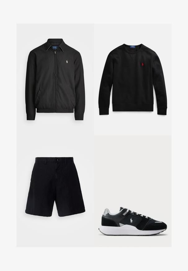 Czarna kurtka bombowiec wykonana z gładkiego materiału, z zamkiem z przodu, elastycznymi mankietami, kieszeniami bocznymi i małym haftowanym logo na klatce piersiowej.; Czarna bluza z okrągłym dekoltem wykonana z bawełny, z małym czerwonym logo na lewej piersi oraz ściągaczami na mankietach i dole.; Czarne szorty wykonane z lekkiego materiału, w luźnym fasonie, z zapięciem na guzik, paskiem i kieszeniami bocznymi.; Czarno-białe niskie trampki z siateczkowym i zamszowym wierzchem, białymi sznurówkami, białą podeszwą oraz logo zawodnika polo z boku.