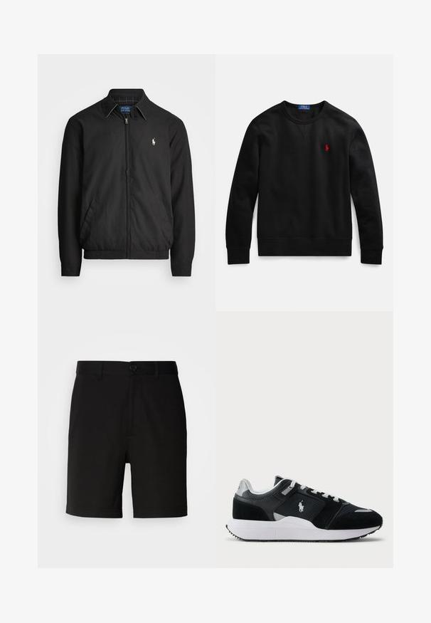 Czarna kurtka bombowiec wykonana z gładkiego materiału, z zamkiem z przodu, elastycznymi mankietami, kieszeniami bocznymi i małym haftowanym logo na klatce piersiowej.; Czarna bluza z okrągłym dekoltem wykonana z bawełny, z małym czerwonym logo na lewej piersi oraz ściągaczami na mankietach i dole.; Czarne szorty z gładkiego materiału, z pojedynczym zapięciem na guzik i szlufkami na pasek, ze prostymi nogawkami i bez widocznych wzorów.; Czarno-białe niskie trampki z siateczkowym i zamszowym wierzchem, białymi sznurówkami, białą podeszwą oraz logo zawodnika polo z boku.