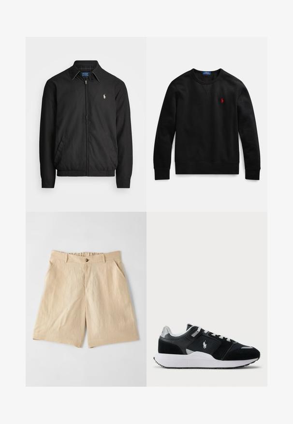 Fekete bomber dzseki sima anyagból, elülső cipzárral, rugalmas mandzsettákkal, oldalsó zsebekkel és egy kis hímzett logóval a mellen.; Fekete, pamut anyagból készült kereknyakú pulóver, bal oldali mellrészen kis piros logóval, bordázott mandzsettával és szegéllyel.; Paul Smith Rövidnadrágok - sand; Fekete-fehér alacsony szárú sportcipő hálós és velúr felső résszel, fehér fűzőkkel, fehér talppal, és az oldalán egy polo játékos logóval.