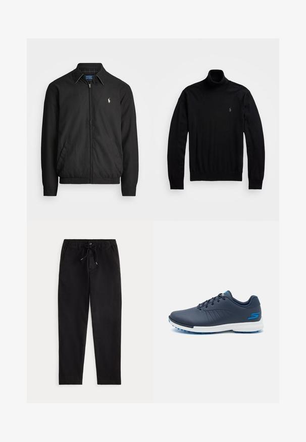 Giacca bomber nera realizzata in materiale liscio, con chiusura a zip frontale, polsini elasticizzati, tasche laterali e un piccolo logo ricamato sul petto.; Maglione a collo alto nero realizzato in maglia liscia, con maniche lunghe e un piccolo logo sul petto, dalla silhouette aderente.; Pantaloni casual neri con vita elastica, laccio regolabile, bottone frontale e tasche laterali, esposti su uno sfondo neutro.; Scarpe da golf navy con design elegante, tomaia sintetica, intersuola bianca e tacchetti in gomma blu. Presentano perforazioni per la traspirabilità.