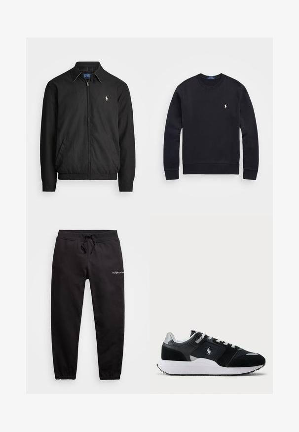 Svart bomberjakke laget av glatt materiale med glidelås foran, elastiske mansjetter, sidelommer og en liten brodert logo på brystet.; Svart hettegenser laget av bomullsmiks, med rund hals, lange ermer, ribbede mansjetter og nederkant, samt et lite brodert logo på brystet.; Svart joggebukser laget av bomull, med elastisk midje med snor, smalere ben design og en liten logo foran.; Svart-hvitt low-top sneaker med mesh og semsket skinn på overdelen, hvite snørebånd, hvit såle, og en polo-spiller logo på siden.
