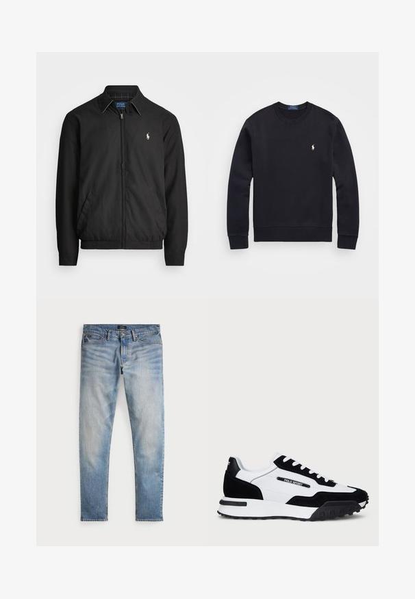 Czarna kurtka bombowiec wykonana z gładkiego materiału, z zamkiem z przodu, elastycznymi mankietami, kieszeniami bocznymi i małym haftowanym logo na klatce piersiowej.; Czarna bluza z suwakiem z mieszanki bawełny, z okrągłym dekoltem, długimi rękawami, ściągaczami przy mankietach i u dołu, z małym haftowanym logo na piersi.; Jasnoniebieskie dżinsy z wyblakłym wykończeniem, pięcioma kieszeniami i kontrastowymi przeszyciami. Posiadają zamek błyskawiczny i szlufki na pasek. Prosty krój.; Sneakers z czarnym zamszem i białą skórzaną cholewką, z czarną gumową podeszwą, białymi sznurowadłami oraz logo "POLO SPORT" po boku.