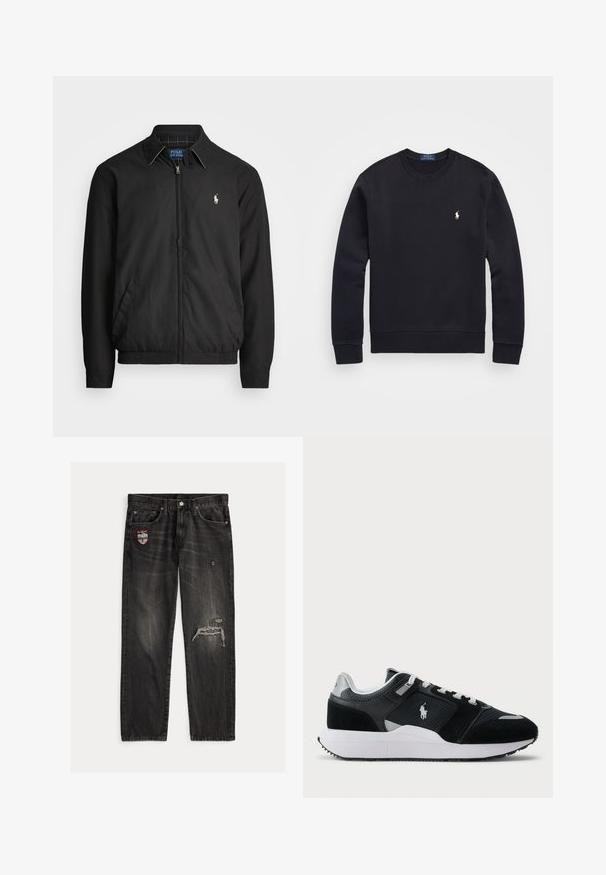 Casaco bomber preto feito de material liso, com fecho éclair à frente, punhos elásticos, bolsos laterais e um pequeno logótipo bordado no peito.; Sweatshirt preto feito de mistura de algodão, com decote redondo, mangas longas, punhos e bainha canelados, apresentando um pequeno logótipo bordado no peito.; Calças de ganga preta com corte de perna reta, detalhes desgastados e um remendo no bolso esquerdo. Apresentam costura visível e textura desbotada.; Sapatilha baixa em preto e branco com parte superior em malha e camurça, atacadores brancos, sola branca e um logo de jogador de polo na lateral.