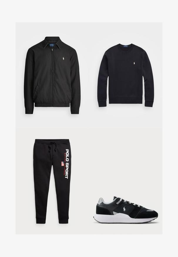 Svart bomberjakke laget av glatt materiale med glidelås foran, elastiske mansjetter, sidelommer og en liten brodert logo på brystet.; Svart hettegenser laget av bomullsmiks, med rund hals, lange ermer, ribbede mansjetter og nederkant, samt et lite brodert logo på brystet.; Polo Ralph Lauren POLO SPORT JOGGERS - Joggebukse - black/white; Svart-hvitt low-top sneaker med mesh og semsket skinn på overdelen, hvite snørebånd, hvit såle, og en polo-spiller logo på siden.
