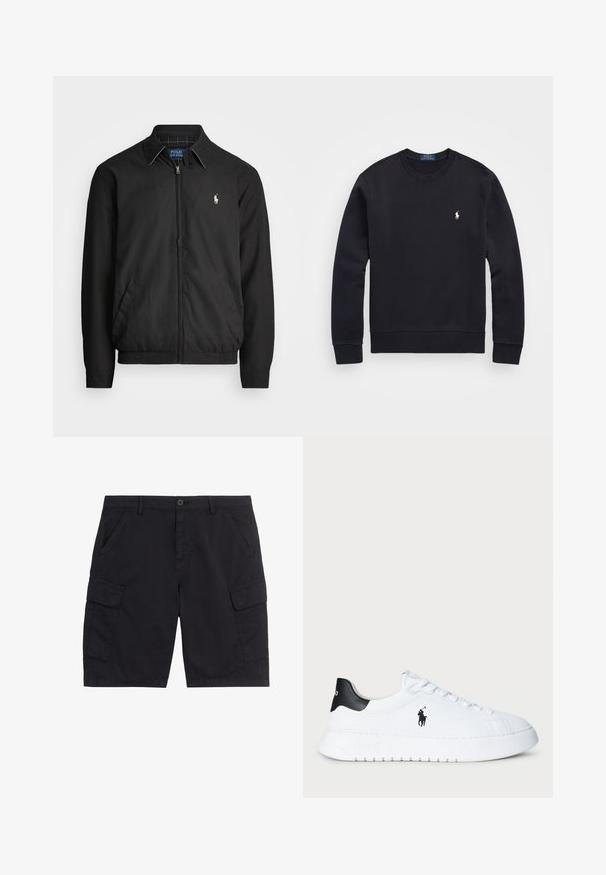 Schwarze Bomberjacke aus glattem Material mit Frontreißverschluss, elastischen Bündchen, seitlichen Taschen und einem kleinen gestickten Logo auf der Brust.; Schwarzer Sweatshirt aus Baumwollmix, mit Rundhalsausschnitt, langen Ärmeln, gerippten Bündchen und Saum, sowie einem kleinen gestickten Logo auf der Brust.; Schwarze Cargo-Shorts mit vorderem Knopf und Reißverschluss, zwei seitlichen Taschen, zwei Klappentaschen und Gürtelschlaufen.; Weiße Low-Top-Sneaker mit schwarzem Fersenbügel und schwarzem Polo Ralph Lauren-Logo an der Seite, ausgestattet mit weißen Schnürsenkeln und einer dicken Gummisohle.
