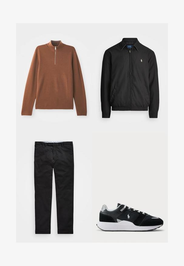 Schwarze Bomberjacke aus glattem Material mit Frontreißverschluss, elastischen Bündchen, seitlichen Taschen und einem kleinen gestickten Logo auf der Brust.; Brauner, langärmeliger Pullover mit hohem Kragen und teilweisem Reißverschluss. Der Stoff wirkt weich mit einer glatten, gleichmäßigen Textur.; Schwarze Chinos mit geradem Bein, aus einem Baumwollmischgewebe, mit Reißverschluss, Gürtelschlaufen und Seitentaschen. Glatte Textur.; Schwarze und weiße Low-Top-Sneaker mit Obermaterial aus Mesh und Wildleder, weißen Schnürsenkeln, weißer Sohle und einem Polo-Spieler-Logo an der Seite.