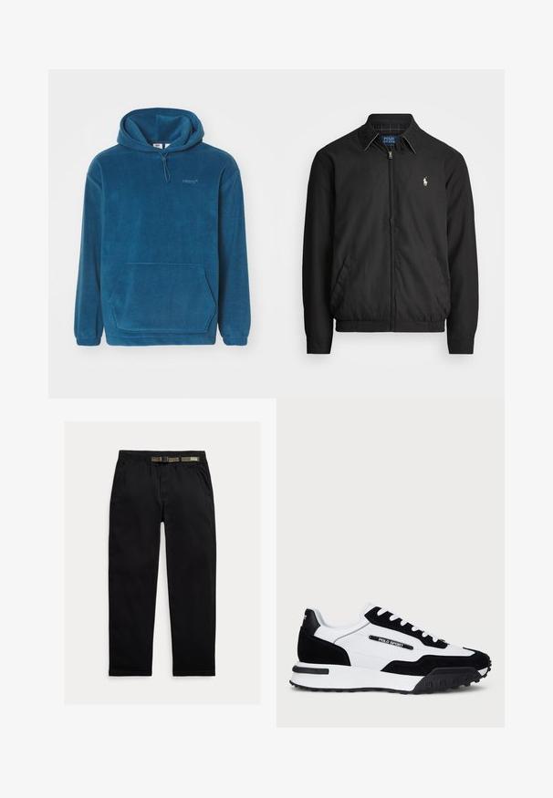 Casaco bomber preto feito de material liso, com fecho éclair à frente, punhos elásticos, bolsos laterais e um pequeno logótipo bordado no peito.; Fleece azul com capuz ajustável, bolso tipo canguru e punhos elásticos. Apresenta um logo discreto no peito.; Calças pretas feitas de um tecido leve, com uma cintura elástica com um cinto verde integrado, corte reto e bolsos laterais.; Ténis com um cabedal em camurça preta e pele branca, apresentando uma sola em borracha preta, atacadores brancos e um logo "POLO SPORT" na lateral.