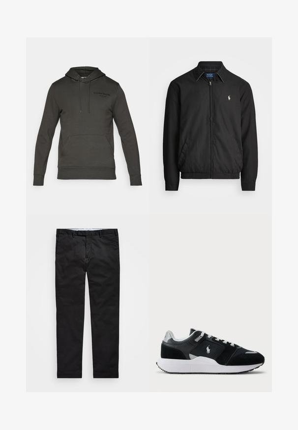 Juodas bombonešis, pagamintas iš lygios medžiagos, su užtrauktuku priekyje, elastingomis rankogaliais, šalutinėmis kišenėmis ir maža siuvinėta logotipu ant krūtinės.; Tamsiai pilkas sportinis džemperis su priekiniais kengūros tipo kišeniais, kapišonu ir raišteliais. Priekyje yra juodas logotipas, pagamintas iš minkštos medžiagos.; Juodos kelnės su tiesiomis kojomis, pagamintos iš medvilnės ir poliesterio mišinio, su užtrauktuku, diržo kilputėmis ir šoninėmis kišenėmis. Lygus paviršius.; Juoda ir balta žema sneakeris su tinklo ir zomšos viršumi, baltais raišteliais, balta pado dalimi ir polo žaidėjo logotipu šone.