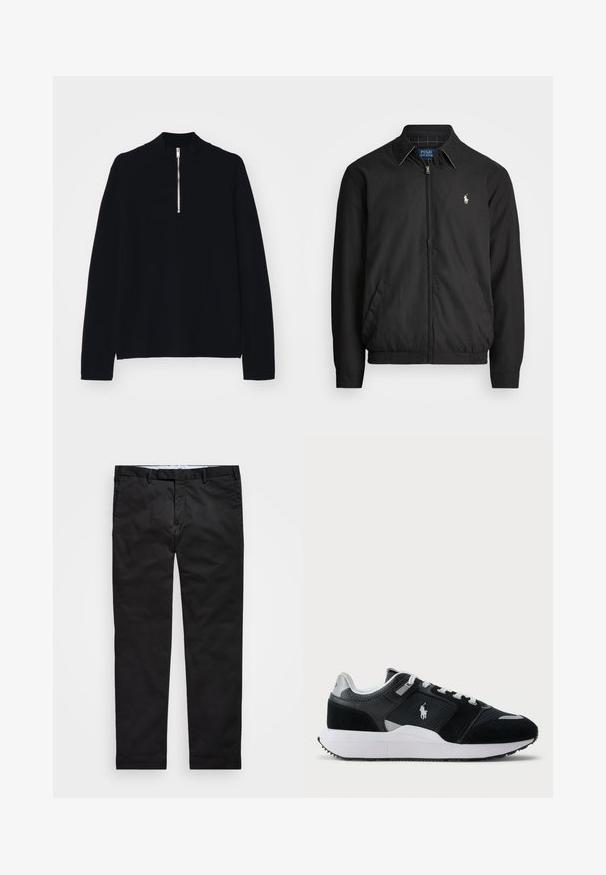 Must musta jakk, mis on valmistatud siledast materjalist. Selles on ettepoole tõmmatav tõmblukk, elastsed mansetid, küljetaskud ja rindkere peal väike tikandiga logo.; Must mustar-käised tipp, mis on valmistatud pehmest materjalist, millel on kõrge vale kaelus ja eespool pool tõmblukk, lõdva istuvusega.; Mustadest chinos'itest, otse jalgadega sobivused, valmistatud puuvillase segu kangast, millel on lukuga lend, vöökohad ja küljetaskud. Sile tekstuur.; Mustvalge madalate tenniste kingad, mille peal on koe ja seemisnahk, valged paelad, valge talla ning külgedel polo mängija logo.