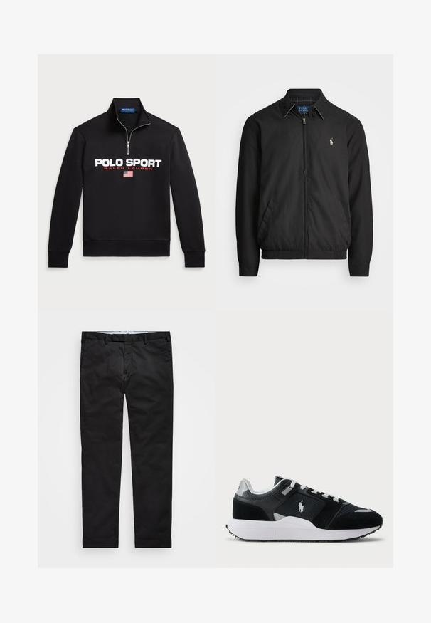 Črna bomberska jakna iz gladkega materiala z zadrgo spredaj, elastičnimi manšetami, stranskimi žepi in majhno vezeno oznako na prsih.; Črna pulover s prednjim zadrgo iz mehkega materiala, ki ima velik bel logotip "POLO SPORT", rdeče detajle in majhen grafični prikaz ameriške zastave.; Črne chinos hlače s ravnimi nogavicami, narejene iz bombažne mešanice, z zadrgo, pasom za pas in stranskimi žepi. Gladka tekstura.; Črno-bela nizka superga z zgornjim delom iz mrežice in usnja, belimi vezalkami, belo podplatom in logotipom igralca polo na strani.