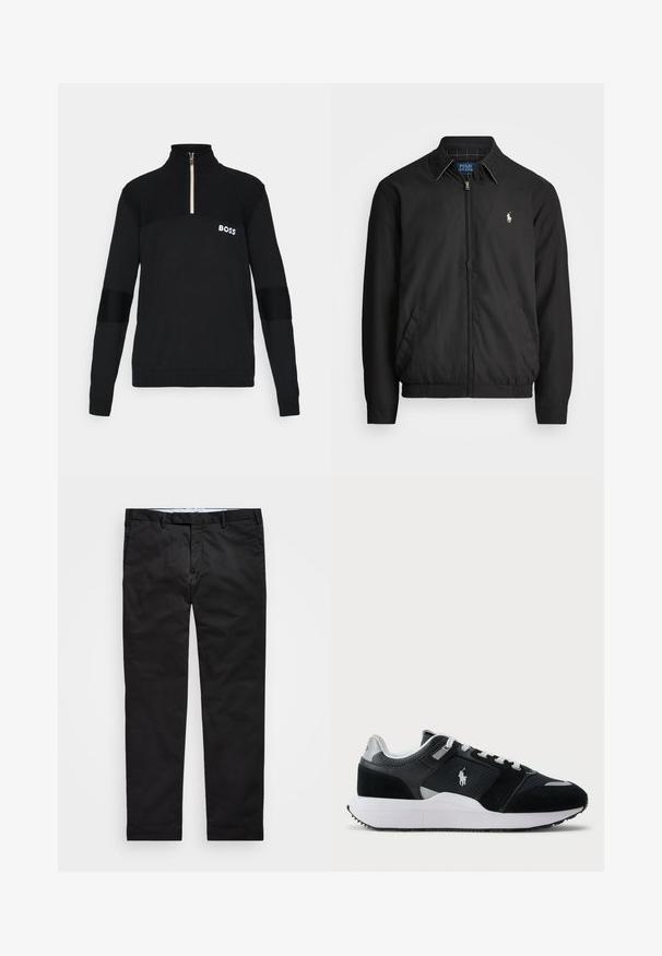 Must musta jakk, mis on valmistatud siledast materjalist. Selles on ettepoole tõmmatav tõmblukk, elastsed mansetid, küljetaskud ja rindkere peal väike tikandiga logo.; Must musta, millel on tekstuurne kangas, pooltõmbatav kaelus ja valge "BOSS" logo rinnas.; Mustadest chinos'itest, otse jalgadega sobivused, valmistatud puuvillase segu kangast, millel on lukuga lend, vöökohad ja küljetaskud. Sile tekstuur.; Mustvalge madalate tenniste kingad, mille peal on koe ja seemisnahk, valged paelad, valge talla ning külgedel polo mängija logo.