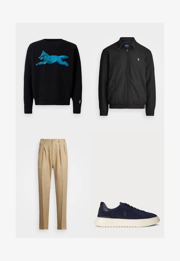 Černá bomber bunda vyrobená z hladkého materiálu, se zipem vpředu, elastickými manžetami, bočními kapsami a malým vyšitým logem na hrudi.; Černá mikina se tyrkysovou grafikou skákajícího lišáka. Má žebrované manžety a lem, a malou značku v podobě zmrzlinového kornoutu na rukávu.; Béžové lněné kalhoty rovného střihu, s dvěma předními sklady, zapínáním na knoflík a bočními kapsami. Strukturovaná tkanina s hladkým povrchem.; Navy semišové nízké tenisky s texturovaným povrchem, gumovou podrážkou a tónovacími šňůrkami, s malým logem na boku a patě.