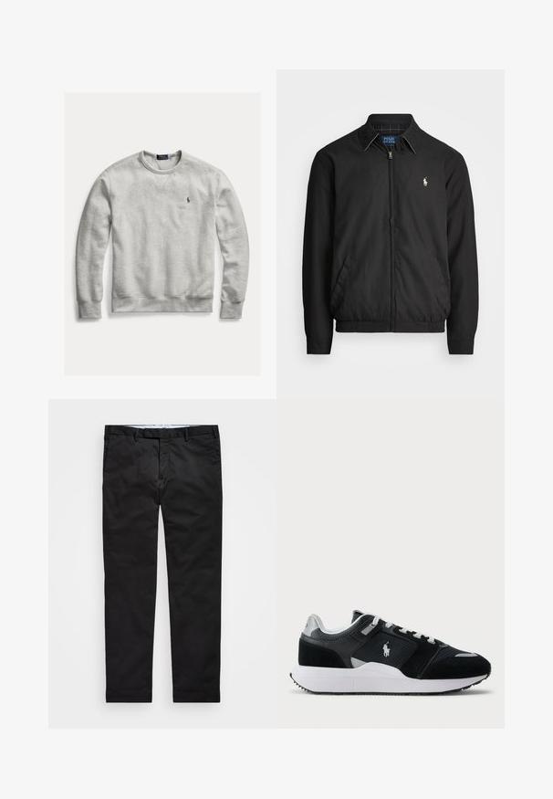 Giacca bomber nera realizzata in materiale liscio, con chiusura a zip frontale, polsini elasticizzati, tasche laterali e un piccolo logo ricamato sul petto.; Felpa in cotone grigio chiaro con scollatura a girocollo, polsini e orlo a coste. Presenta un piccolo logo ricamato sul petto. Texture: morbida.; Chino neri con vestibilità a gamba dritta, realizzati in tessuto misto cotone, con zip frontale, passanti per cintura e tasche laterali. Texture liscia.; Sneaker basso in bianco e nero con tomaia in rete e suede, lacci bianchi, suola bianca e logo di un giocatore di polo di lato.