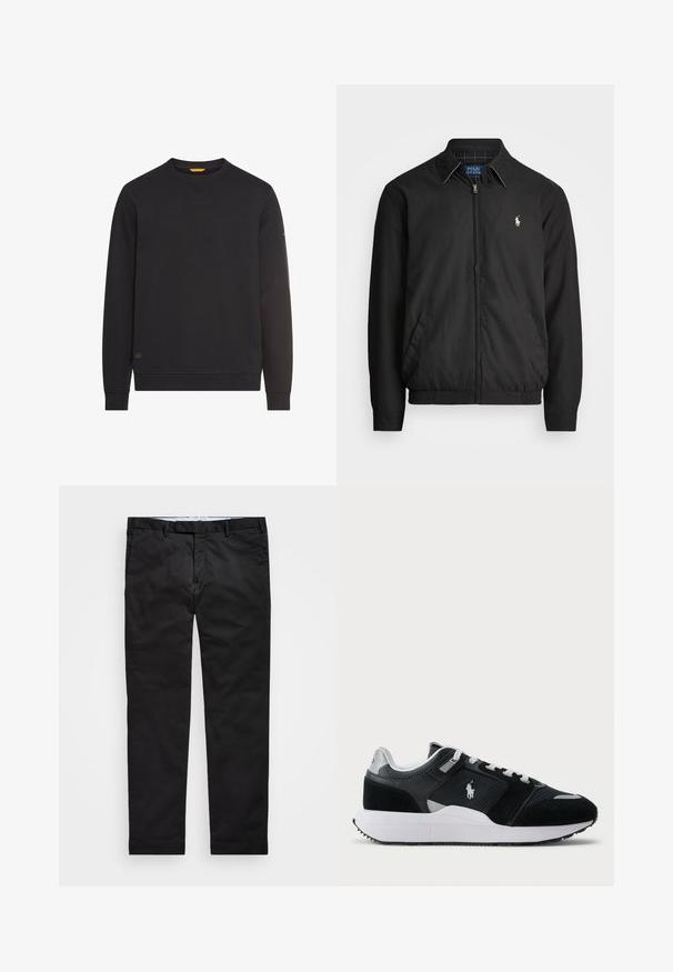 Schwarze Bomberjacke aus glattem Material mit Frontreißverschluss, elastischen Bündchen, seitlichen Taschen und einem kleinen gestickten Logo auf der Brust.; Schwarzer Rundhalsausschnitt-Sweatshirt mit langen Ärmeln, gerippten Bündchen und Saum, kleinem Logopatch nahe dem Saum und dezentem Logo am linken Ärmel.; Schwarze Chinos mit geradem Bein, aus einem Baumwollmischgewebe, mit Reißverschluss, Gürtelschlaufen und Seitentaschen. Glatte Textur.; Schwarze und weiße Low-Top-Sneaker mit Obermaterial aus Mesh und Wildleder, weißen Schnürsenkeln, weißer Sohle und einem Polo-Spieler-Logo an der Seite.