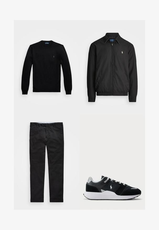 Fekete bomber dzseki sima anyagból, elülső cipzárral, rugalmas mandzsettákkal, oldalsó zsebekkel és egy kis hímzett logóval a mellen.; Fekete, kerek nyakú pulóver puha anyagból. Hosszú ujjú, a mellkasán egy kis logóval. Rávarrott mandzsetták és szegély.; Fekete chinos, egyenes szárú fazonnal, pamut keverék anyagból készült, cipzáras zipzárral, övhurkokkal és oldalsó zsebekkel. Simaság jellemzi.; Fekete-fehér alacsony szárú sportcipő hálós és velúr felső résszel, fehér fűzőkkel, fehér talppal, és az oldalán egy polo játékos logóval.