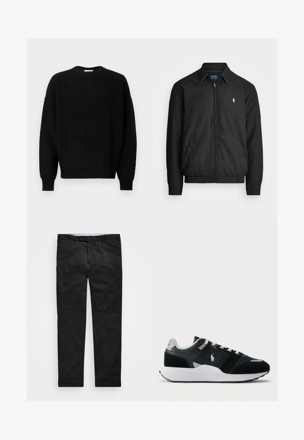 Chaqueta bomber negra hecha de material suave con cierre de cremallera en el frente, puños elásticos, bolsillos laterales y un pequeño logo bordado en el pecho.; Suéter negro de punto con textura acanalada, cuello redondo y hombros caídos, que cuenta con mangas largas y un diseño de ajuste relajado.; Pantalones chinos negros con un corte recto, hechos de una mezcla de algodón, que cuentan con cremallera, lazos para cinturón y bolsillos laterales. Textura suave.; Zapatilla baja en blanco y negro con parte superior de malla y ante, cordones blancos, suela blanca y un logo de jugador de polo en el costado.