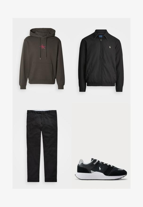 Črna bomberska jakna iz gladkega materiala z zadrgo spredaj, elastičnimi manšetami, stranskimi žepi in majhno vezeno oznako na prsih.; Temno siva kapuca s prednjim žepom, kapuco s vezicami in Calvin Klein logom v roza barvi na prsih. Mehak bombažni material.; Črne chinos hlače s ravnimi nogavicami, narejene iz bombažne mešanice, z zadrgo, pasom za pas in stranskimi žepi. Gladka tekstura.; Črno-bela nizka superga z zgornjim delom iz mrežice in usnja, belimi vezalkami, belo podplatom in logotipom igralca polo na strani.