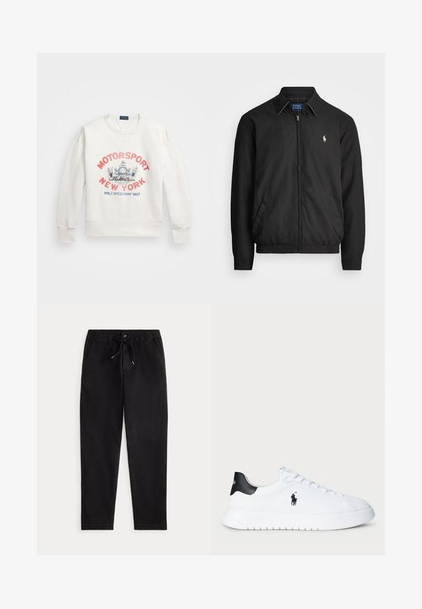 Casaco bomber preto feito de material liso, com fecho éclair à frente, punhos elásticos, bolsos laterais e um pequeno logótipo bordado no peito.; Sweatshirt branco com punhos e bainha canelados. Apresenta uma gráfica colorida com "MOTORSPORT NEW YORK" e um design de corrida. Estilo clássico de gola redonda.; Calças casuais pretas com cintura elástica, cordão de ajuste, botão frontal e bolsos laterais, exibidas sobre um fundo simples.; Sapatilhas brancas de cano baixo com tabuleiro de calcanhar preto e logótipo da Polo Ralph Lauren em preto na lateral, apresentando atacadores brancos e sola de borracha grossa.