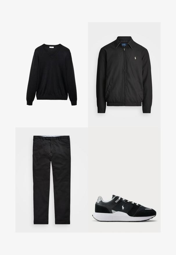 Čierna bomber bunda vyrobená z hladkého materiálu s predným zipsom, elastickými manžetami, bočnými vreckami a malým vyšívaným logom na hrudi.; Čierny sveter s výstrihom do V vyrobený z mäkkého materiálu, s dlhými rukávmi, rebrovanými manžetami a lemom, uvoľneného strihu a minimalistickým dizajnom.; Čierne chinos nohavice so strihom rovného nohavicu, vyrobené z bavlnenej zmesi, s bočným zipom, pútkami na opasok a bočnými vreckami. Hladká textúra.; Čierno-biele nízke tenisky s vrchnou časťou z jemnej sieťoviny a semišu, bielymi šnúrkami, bielou podrážkou a logom jazdca na boku.