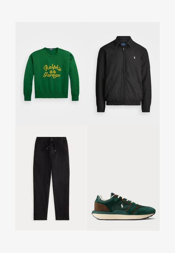 Svart bomberjakke laget av glatt materiale med glidelås foran, elastiske mansjetter, sidelommer og en liten brodert logo på brystet.; Grønn genser med rund hals, med gul brodert tekst "Ralph's Garage" og rutete flaggdetaljer. Blandingsmateriale av bomull.; Svart bukser i en avslappet stil med elastisk midje, snøring, frontlås og sidelommer, presentert mot en enkel bakgrunn.; Menn sneakers i mørk grønn og brun semsket skinn, med nettpaneler, hvite snørebånd og gummisåle. Har en logo på siden.