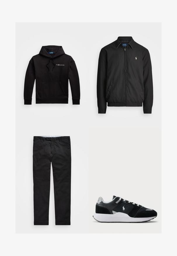 Svart bomberjacka i slätt material med dragkedja fram, elastiska ärmmuddar, sidofickor och en liten broderad logotyp på bröstet.; Svart hoodie i bomullsblandat material, med en framficka i kangurostil, dragsko-huva och logotyp tryckt på bröstet.; Svarta chinos med rak passform, tillverkade av bomullsblandat tyg, med blixtlås, bälteshällor och sidofickor. Slät textur.; Svart och vit låg sneaker med överdel i mesh och mocka, vita snören, vit sula och en polo-spelare logo på sidan.