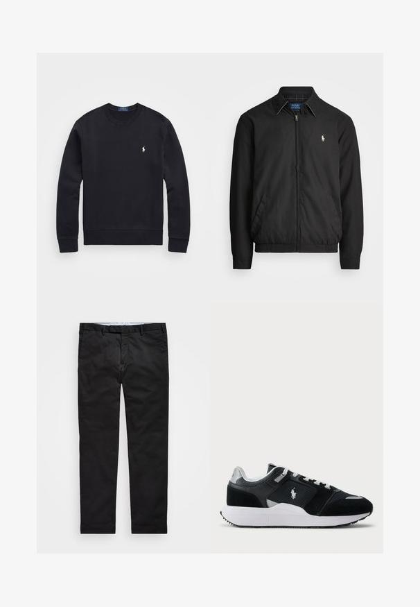 Μαύρο μπουφάν bomber από λείο υλικό με φερμουάρ μπροστά, ελαστικούς καρπούς, πλαϊνές τσέπες και μικρό κεντητό λογότυπο στο στήθος.; Μαύρο φούτερ φτιαγμένο από μείγμα βαμβακιού, με στρογγυλή λαιμόκοψη, μακρύ μανίκι, ριμπ μανσέτες και στρίφω, και μια μικρή κεντημένη λογότυπο στο στήθος.; Μαύρο chinos με ίσια γραμμή, κατασκευασμένα από μείγμα βαμβακερού υφάσματος, με φερμουάρ, θηλιές ζώνης και πλευρικές τσέπες. Λείο υφή.; Μαύρο και άσπρο χαμηλό sneaker με επάνω μέρος από δίχτυ και σουέτ, λευκές κορδόνες, λευκή σόλα και λογότυπο παίκτη πόλο στο πλάι.